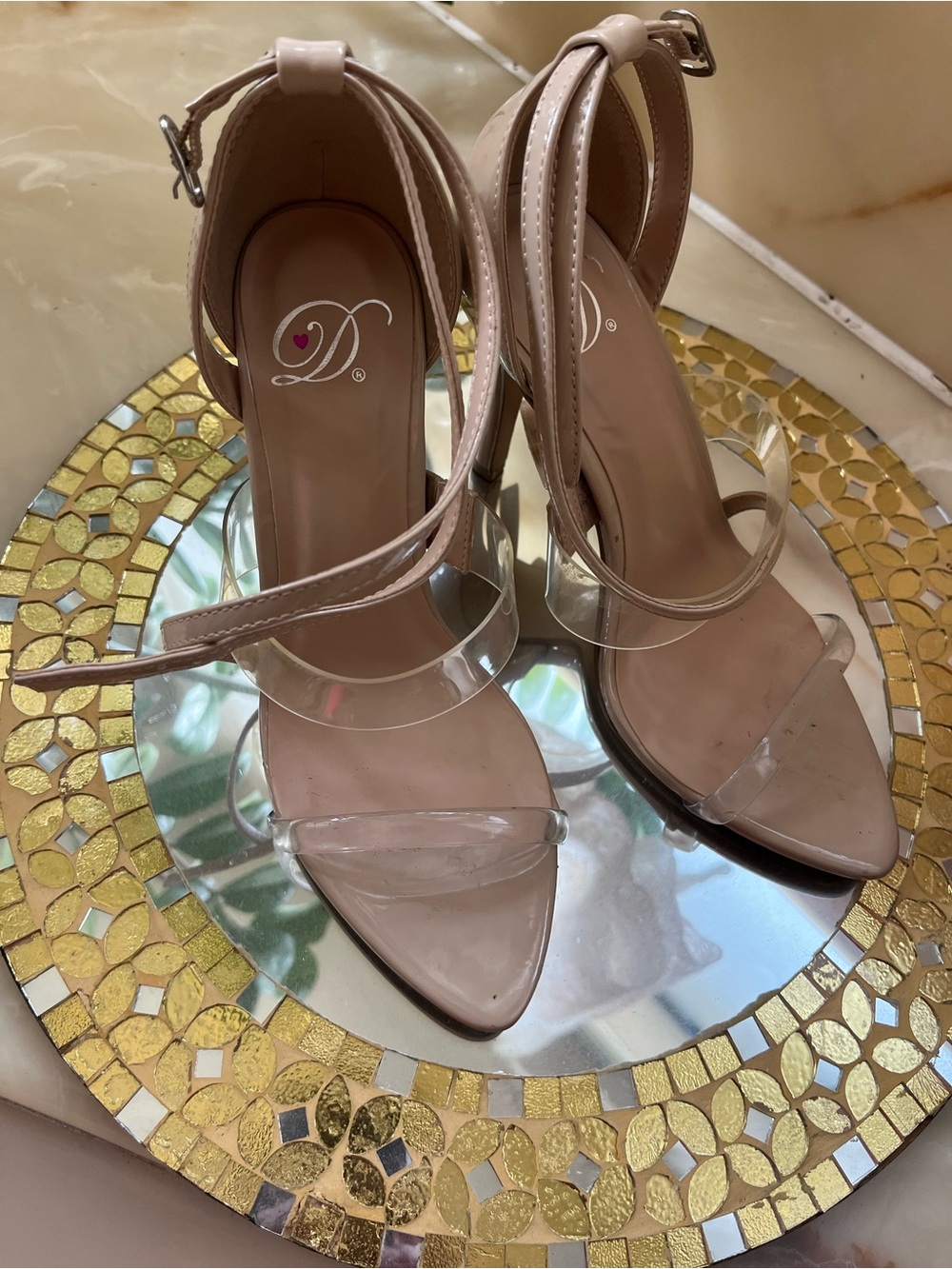 Dollhouse Nude and Clear Pointed Toe Ankle Strap Heels